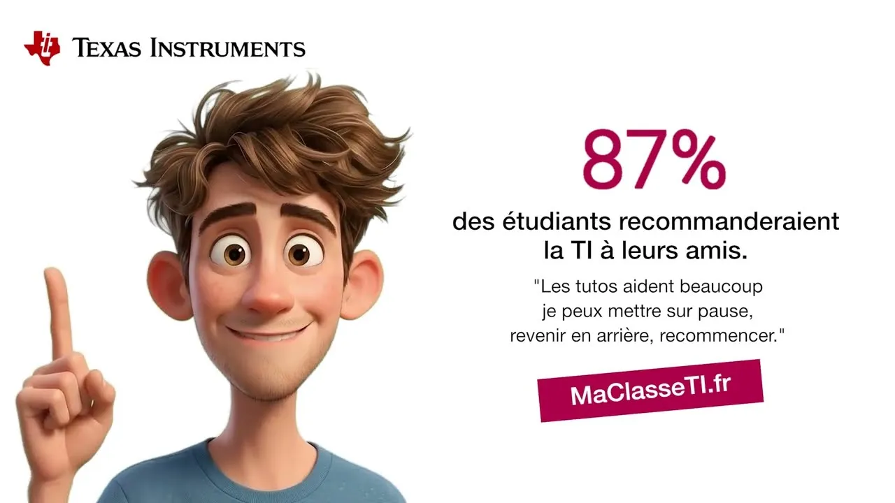 Personnage d'étudiant animé à côté du message « 87 % des étudiants recommanderaient la TI à leurs amis » et du logo Texas Instruments